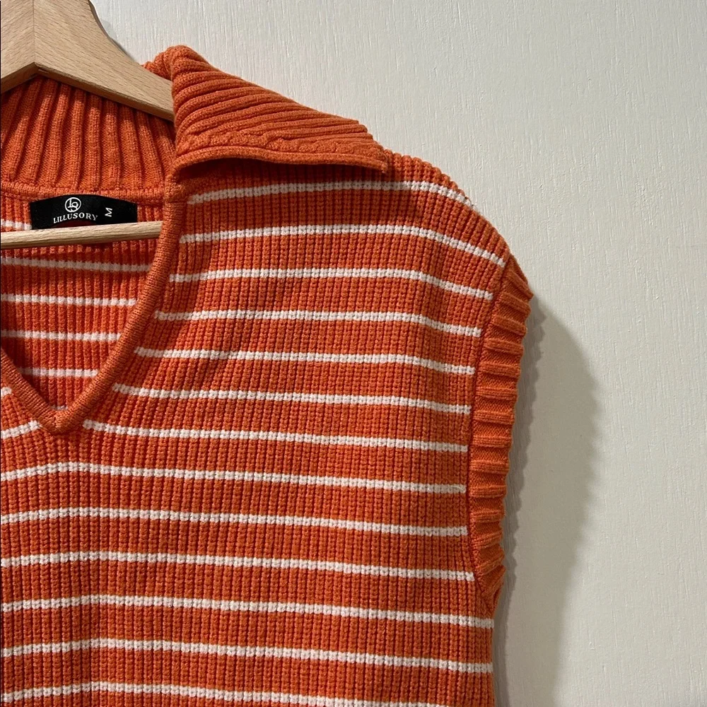 LILLUSORY WOMENS ORANGE WHITE STRIPED V NECK SWEATER VEST Sz MD - Picture 5 of 9